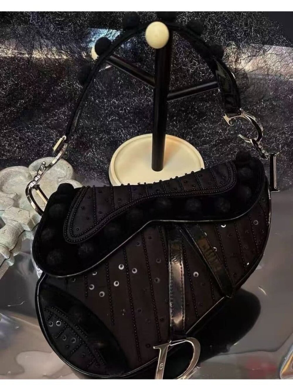 Dior Saddle Bag Pom Beads Black